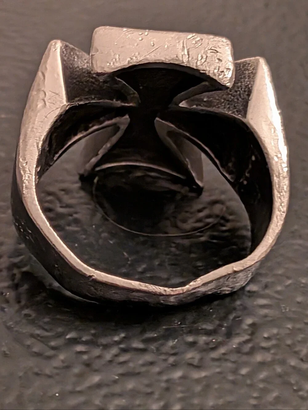 Vintage Massive Oversized Iron Cross Biker Ring Black Onyx Enamel Style Sz 15